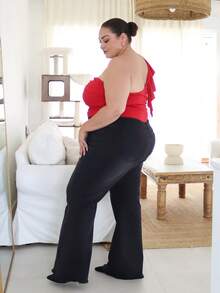 Pretty and Ole 彈性水洗做舊繞腰喇叭長版牛仔褲，女款女孩適用，四季休閒黑色 - 黑色 - 查看 4