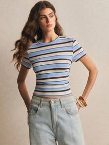 Poéselle Blue & White Striped Casual T-Shirt - Blue and White - View 2
