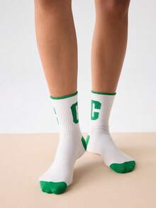 Loungeista Letter Graphic Crew Socks - Green - View 3