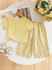 SHEIN Bộ đồ 2 món thời trang hè 2026 cho bé gái: Áo tay ngắn nơ 3D dễ thương + Quần ống rộng nơ độc đáo, màu vàng. - Màu vàng - Xem 2