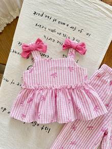 SHEIN LMoss Kids LMoss 女婴夏季可爱条纹吊带背心和松紧腰裤两件套 - 粉色 - 查看 3