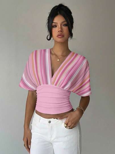 Aloruh Women's V-Neck Color Block Pleated Casual Versatile Daily Wear T-Shirt
