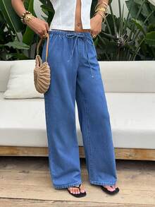 SHEIN Holidaya Quần jeans nữ dáng rộng, thoải mái, tối giản, đa năng, cạp chun, ống rộng, thích hợp mặc hàng ngày đi làm. - Màu xanh lam - Xem 4