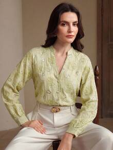 Anewsta Fashionable & Elegant Party Sequin Embroidered Long Sleeve Blouse For Women - Green - View 1