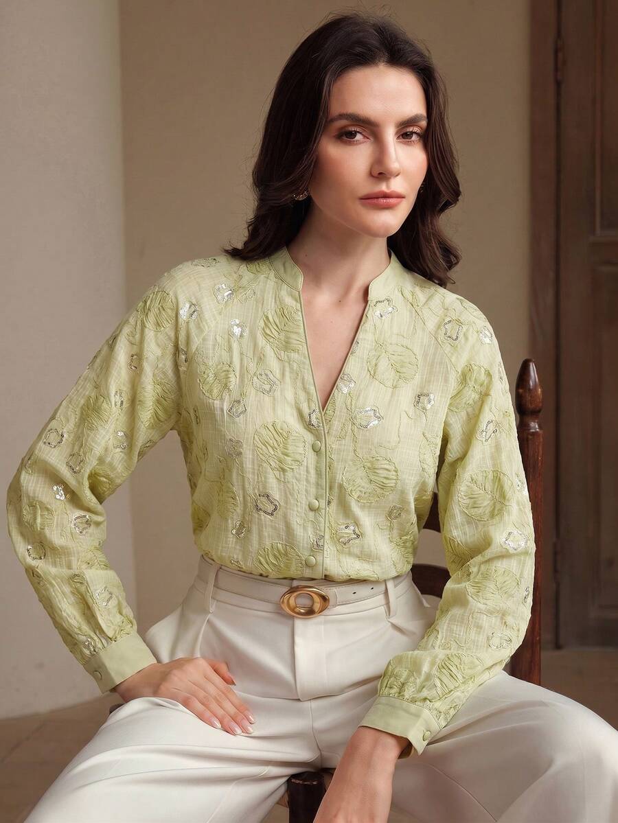 Anewsta Fashionable & Elegant Party Sequin Embroidered Long Sleeve Blouse For Women - Green - View 1
