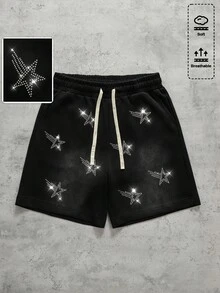 ROMWE MEN Pantalones cortos casuales con bolsillo en diagonal, decoración de diamante de imitación y cordón en la cintura para hombre, estilo urbano - Negro - Ver 3