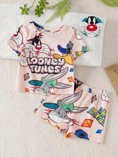 LOONEY TUNES X SHEIN Ensemble décontracté de Top à manches courtes col rond avec imprimé de lettres de dessin animé et short pour bébé garçon