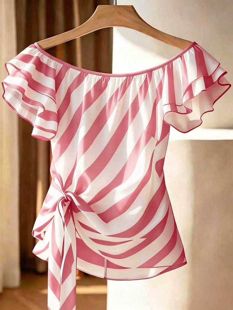 SHEIN 露肩荷叶边条纹衬衫 - 淺粉色 - 查看 1