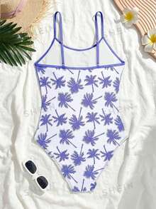 SHEIN 青少年女孩修身運動休閒風荷葉邊飾簡約舒適連身泳衣 - 紫色 - 查看 2