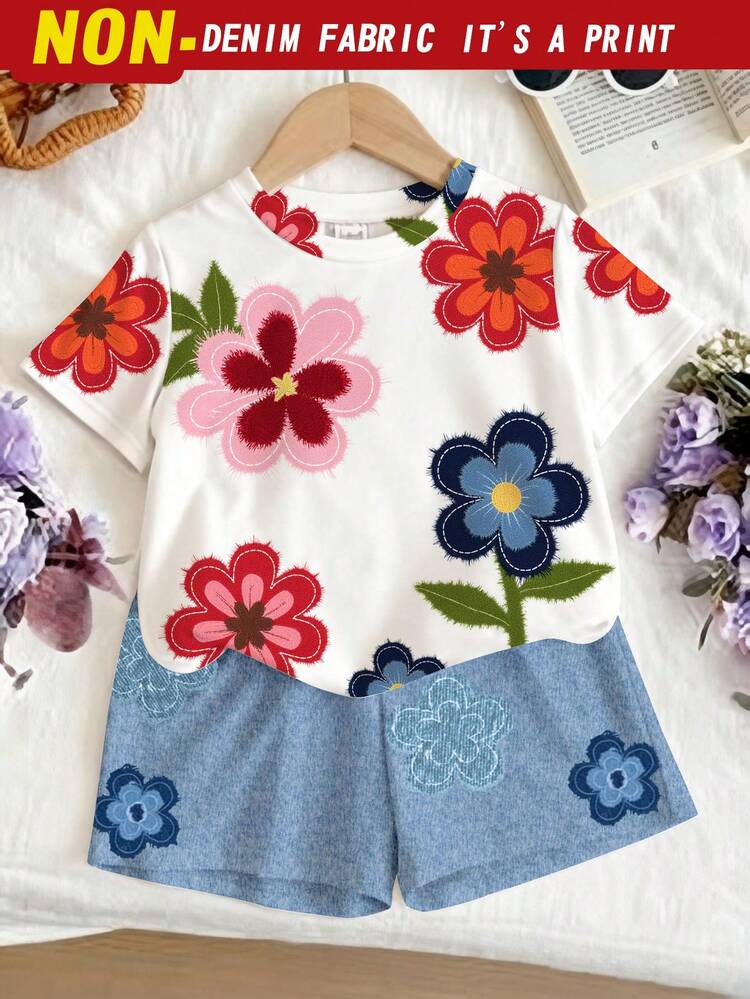 Bộ 2 món cho bé gái 4-7 tuổi, áo thun ngắn tay in hoa cổ điển và quần short, trang phục nhẹ nhàng thích hợp mặc hàng ngày, đi học, hoạt động ngoài trời, mùa xuân/hè/thu. - Nhiều màu - Xem 4