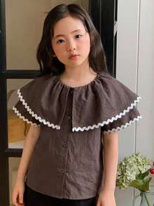 DAZY Young Girls Contrast Color Ruffle Trim Casual Korean Style Short Sleeve Blouse, Spring/Summer - Coffee Brown - View 6