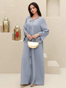 Yasmyna Đầm dự tiệc kiểu Ả Rập màu trơn buộc dây dành cho nữ - Màu xanh lam - Xem 4