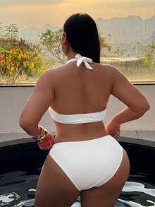 Swim SXY 大尺碼 2 件式泳衣套裝，夏季海灘素色露背性感比基尼套裝 - 白色 - 查看 2