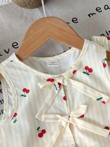 Bộ 2 món cho bé gái, gồm áo tank top và quần dài in họa tiết quả mơ đào mùa hè, trang phục thường ngày đa năng, phù hợp cho dã ngoại, du lịch, cắm trại, chụp ảnh, hoặc mặc cùng gia đình. - Màu be - Xem 4