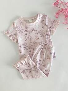 SHEIN 2件套女婴可爱兔子印花短袖上衣和裤子休闲舒适睡衣套装 - 淡紫色 - 查看 1