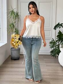 SHEIN EZwear Plus Size Women Lace Patchwork Casual Versatile Daily Wear Camisole Top - Apricot - View 4