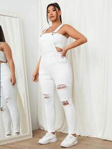 SHEIN EZwear 大码女式休闲破洞牛仔连体裤 - 白色 - 查看 3