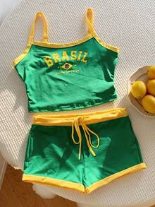 SHEIN EZwear Bộ áo croptop và quần short in chữ màu sắc rực rỡ cờ Brazil, chất liệu 95% cotton, trang phục mùa hè, phù hợp cho đi làm hàng ngày, hẹn hò, dự tiệc, Giáng sinh, Năm mới, Lễ Tạ ơn, Tiệc tùng, Đám cưới, Bãi biển, Lễ tốt nghiệp, Thời trang, Thanh lịch, Thường ngày, Đi chơi, Hẹn hò, Đi làm, Nổi bật, Ngày Valentine, Sang trọng, Kỳ nghỉ, Thường ngày, Y2K, Đi chơi, Lễ tốt nghiệp. - Nhiều màu - Xem 5