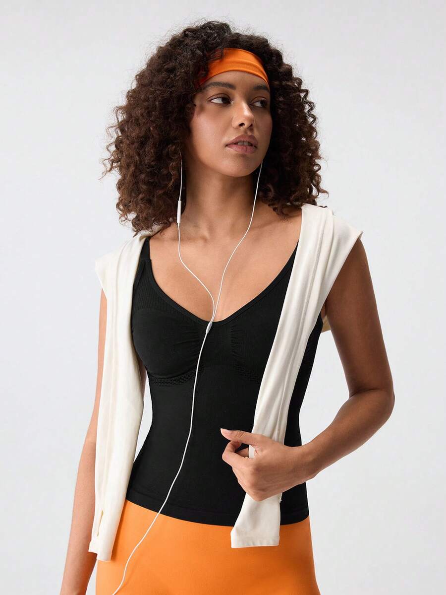 Loungeista Tank Top Camisole Wanita Model V-Neck Slim Fit, Pakaian Olahraga Musim Panas Dasar untuk Musim Panas - Hitam - View 1