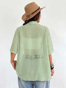 SHEIN EZwear 女士大码透明纯色前开襟长袖衬衫 - 綠色 - 查看 6
