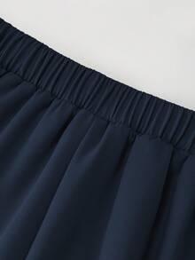Franclia 2pcs Set:Elegant Navy Blue Button Decor Ribbed T-Shirt&Casual Wide Leg Pants For Autumn Office,Minimalist Round Neck Short Sleeve Knit Top&Pants Set - Royal Blue - View 4
