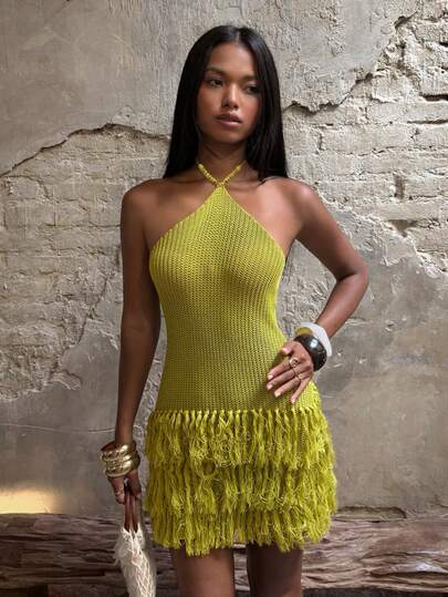 SHEIN BAE Summer Design Sense Solid Color Versatile Halter Tassel Vacation Dress For Women
