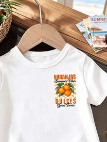 SHEIN Áo thun ngắn tay cổ tròn màu trắng in hình trái cây và chữ cái, dành cho bé trai/bé gái từ 0-3 tuổi, thích hợp cho các hoạt động ngoài trời và mặc hàng ngày. - trắng - Xem 5