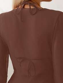 Swim Basics 女士纯色七分袖防晒海滩度假和服罩衫 - 咖啡棕 - 查看 3