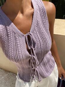 DAZY Solid Color Fitted Cinched Waist Sleeveless Round Neck Casual Chic French Vacation Autumn Top Traveling Light Purple School - Mauve Purple - View 1
