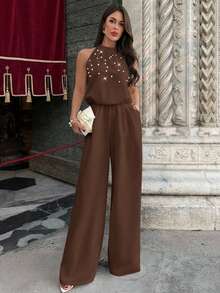 Firerie Quần ống rộng ôm dáng màu trắng thanh lịch không tay cổ tàu đính ngọc trai dành cho nữ, bộ jumpsuit trắng lãng mạn đính ngọc trai, jumpsuit không tay, thời trang công sở nữ, lễ tốt nghiệp, đồng phục giáo viên, trang phục xuân hè thu, thanh lịch, đi làm, hẹn hò, tiệc tùng, lễ hội âm nhạc, mùa cưới, tốt nghiệp, dạ hội, biểu diễn, hòa nhạc, trang phục công sở, tựu trường, tiệc thường niên, sinh nhật nữ, trang phục ngày lễ - màu nâu - Xem 4
