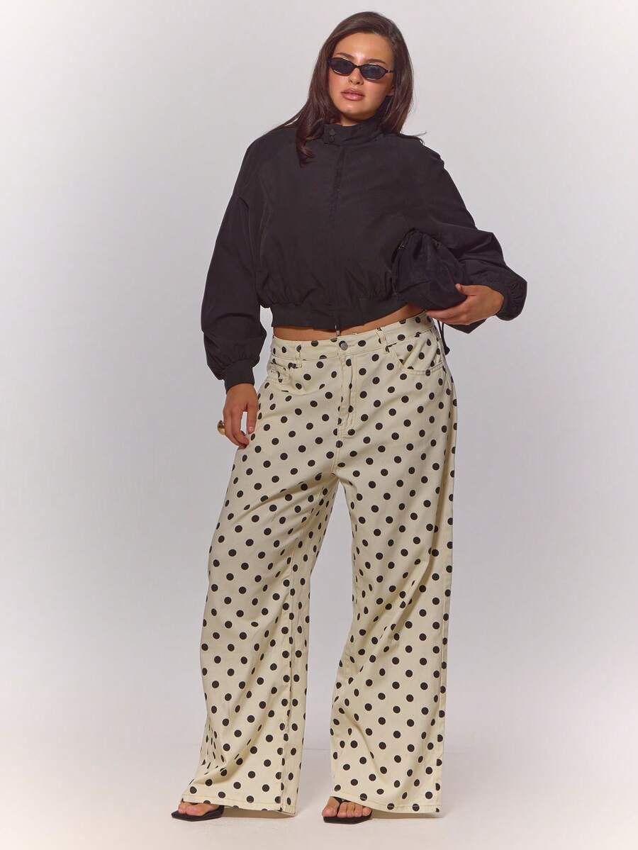 MUSERA Plus Size Mid Rise Wide Leg Polka Dot Denim Jeans Spring Summer Vacation Holiday Casual 90s Everyday Cute Wedding Guest Beige - Multicolor - View 1