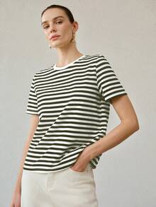 MOTF PREMIUM WOMEN'S ALL-MATCH ROUND NECK SHORT SLEEVE T-SHIRT, CASUAL VERSATILE STRIPED TOP FOR SUMMER - Green - View 4