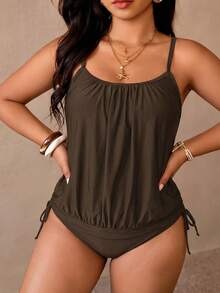 Swim Lushoire Conjunto de tankini de 2 piezas para mujer talla grande, color negro, estilo minimalista casual con camiseta y calzoncillos - Café integral - Ver 5