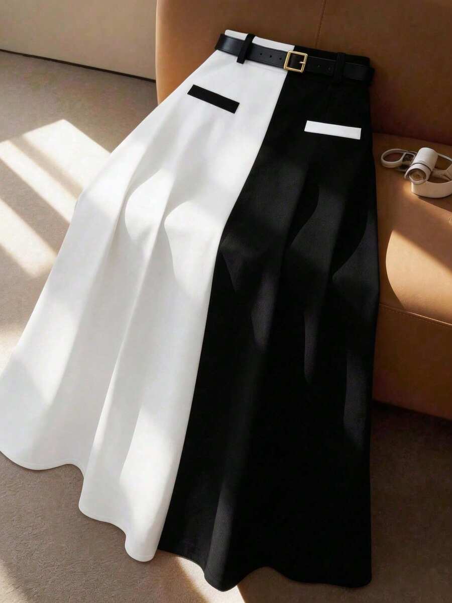 GlowEve CURVE Plus Size Women Summer Elegant Black White Contrast Belt A-Line Midi Skirt,Minimalist Fashion Business Work,Autumn Wedding Casual Versatile Daily Fall - Black and White - View 1
