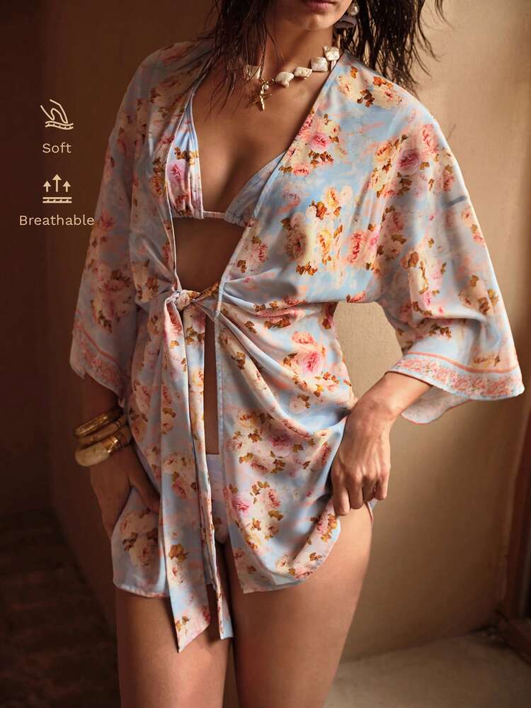 LIGHTWEIGHT ELEGANT BOHEMIAN DITSY FLORAL BOWKNOT TIE FRONT BEACH COVER UP KIMONO COVER UP FOR SUMMER VACATION