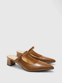 CUCCOO BIZCHIC Brown Soft Leather Mary Jane Buckle Pointed Heel Mueller Sandals, Commuter Workplace Model - Brown - View 1