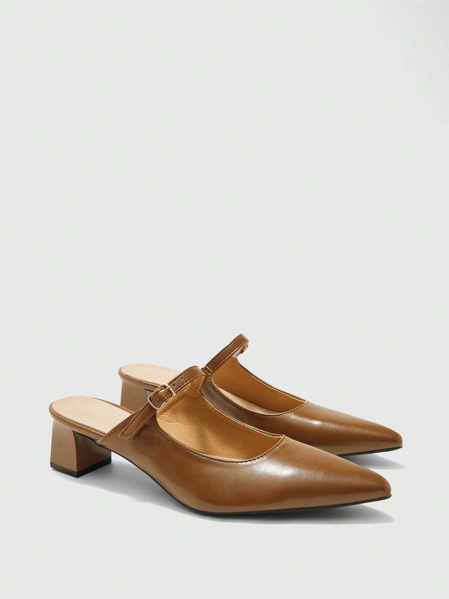 CUCCOO BIZCHIC Brown Soft Leather Mary Jane Buckle Pointed Heel Mueller Sandals, Commuter Workplace Model - Brown - View 1