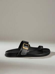 Solecia Spring And Summer New Single Buckle Toe Design Open Toe Flat Bottom Simple High-End Black Slippers Outer Wear Home Daily Street - Black - View 3