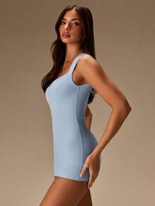 Athîral Solid Color Sleeveless Backless Fitted Sports Jumpsuit - Blue - View 6