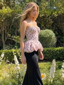 Charm Top Bandeau With Underwire, Featuring Asymmetrical Ruffles And A Romantic Black And White Polka Dot Print, For Women - 羅莎 - 查看 6