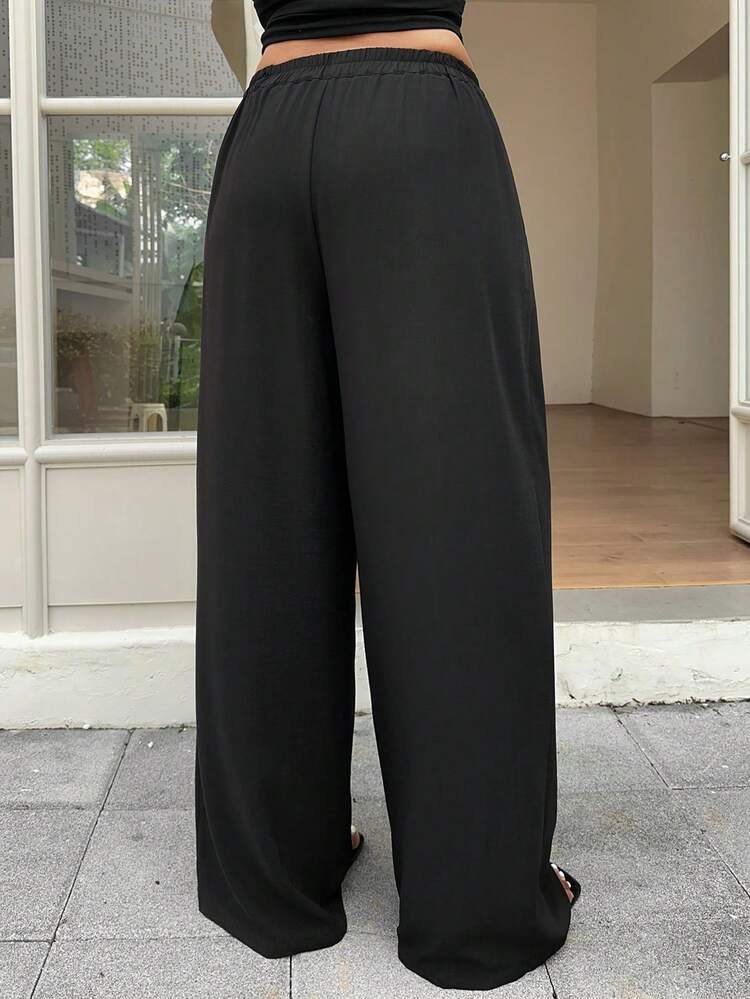 Dazy Plus Solid Color Casual Harem Pants, Elastic Waist Loose Versatile Plus Size Women's Chiffon Black Pants, Spring/Summer