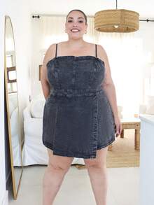 Pretty and Ole Plus Size Denim Jumpsuit, Casual Bib Overall Fitted Mini Blue Black Summer - Black - View 3