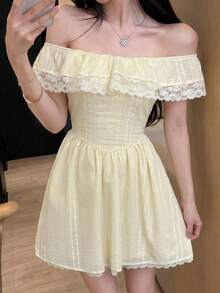 DAZY Spring & Summer French Retro Off-Shoulder Mini Dress, Niche Design Elegant Lady Style High-End Dress For Women - Blue - View 2