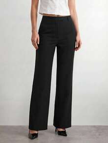 SHEIN ICON 女款休閒極簡黑色拉鍊開襟寬鬆直筒長褲，適合日常穿著、冬季女裝、老錢風、高腰、復古工裝風、商務休閒女裝、辦公室商務女裝長褲、小個子女裝商務休閒 - 黑色 - 查看 7