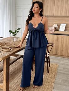 Weeklong Elegant Navy Blue Plus Size Women's Clothing Jacquard V-Neck Waist-Cinched Sling Top & Pants Set,Summer Vacation Holiday Casual Outings Office Party - Navy Blue - View 6