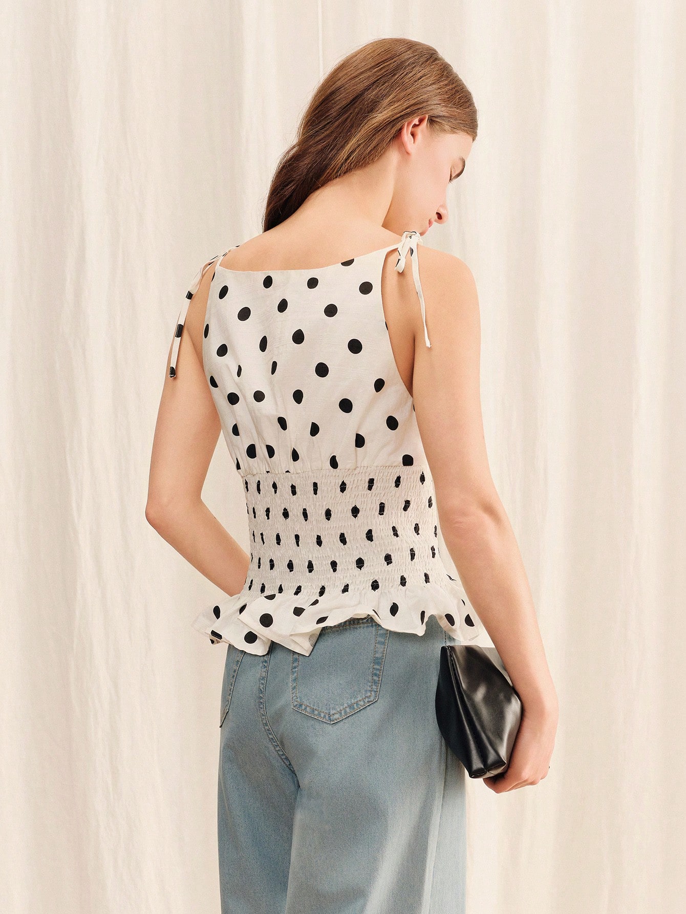 White Polkadot Woven Boatneck Top With Shirred Waist And Contrast Tie Shoulder Detail Vintage Cute Holiday Top Casual Top White Polka Dot Top French Top Cotton Top