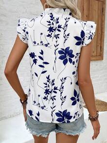 Camisa Casual de Mujer con Estampado Floral, Manga Corta y Lazo, Para Uso Diario y Festivo VCAB - Azul - Ver 2