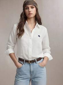 BizChic Áo sơ mi nữ mùa xuân/hè mới, cổ bẻ, cài cúc phía trước, thêu hình ngựa phối màu tương phản, kiểu dáng cổ điển, năng động, đa năng. - trắng - Xem 5