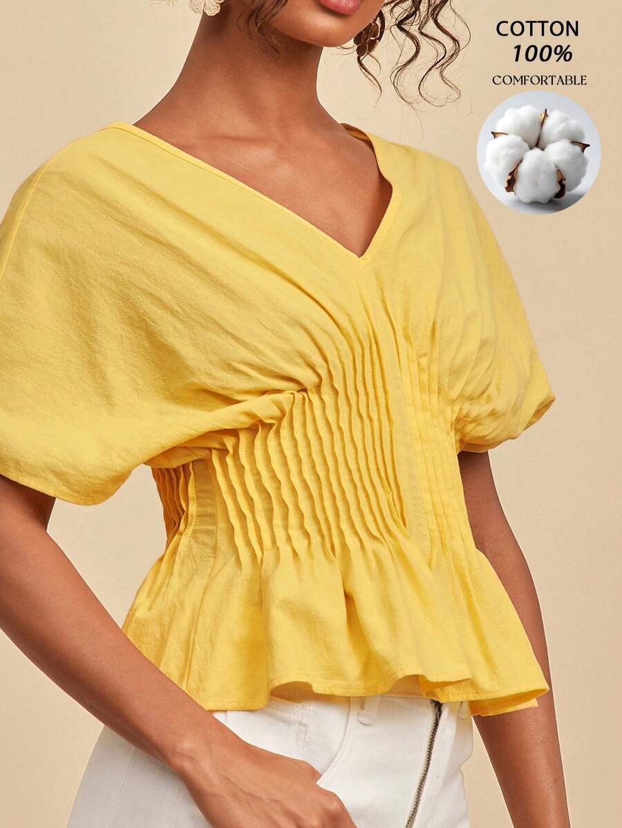 Travachic Women's Solid Color Pleated Batwing Sleeve Top - Pale Yellow - View 1