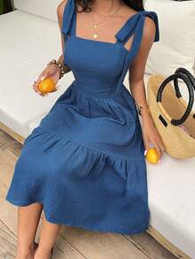 SHEIN Đầm denim dài xẻ cao dành cho nữ - Màu xanh lam - Xem 4